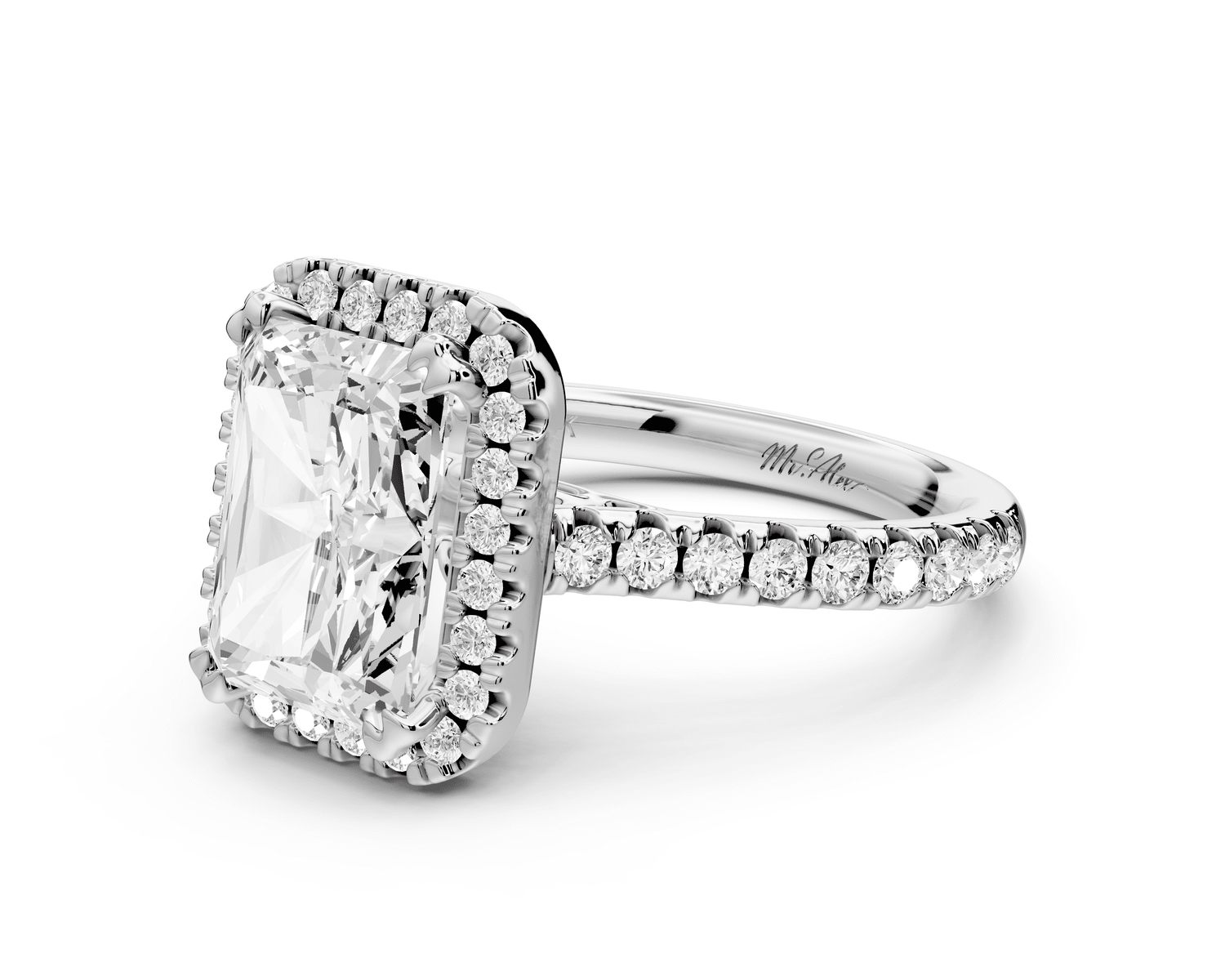 Marcella - 3ct 14k white gold radiant halo double talon prong cathedral pavé engagement ring - Mr. Alex Jewelry