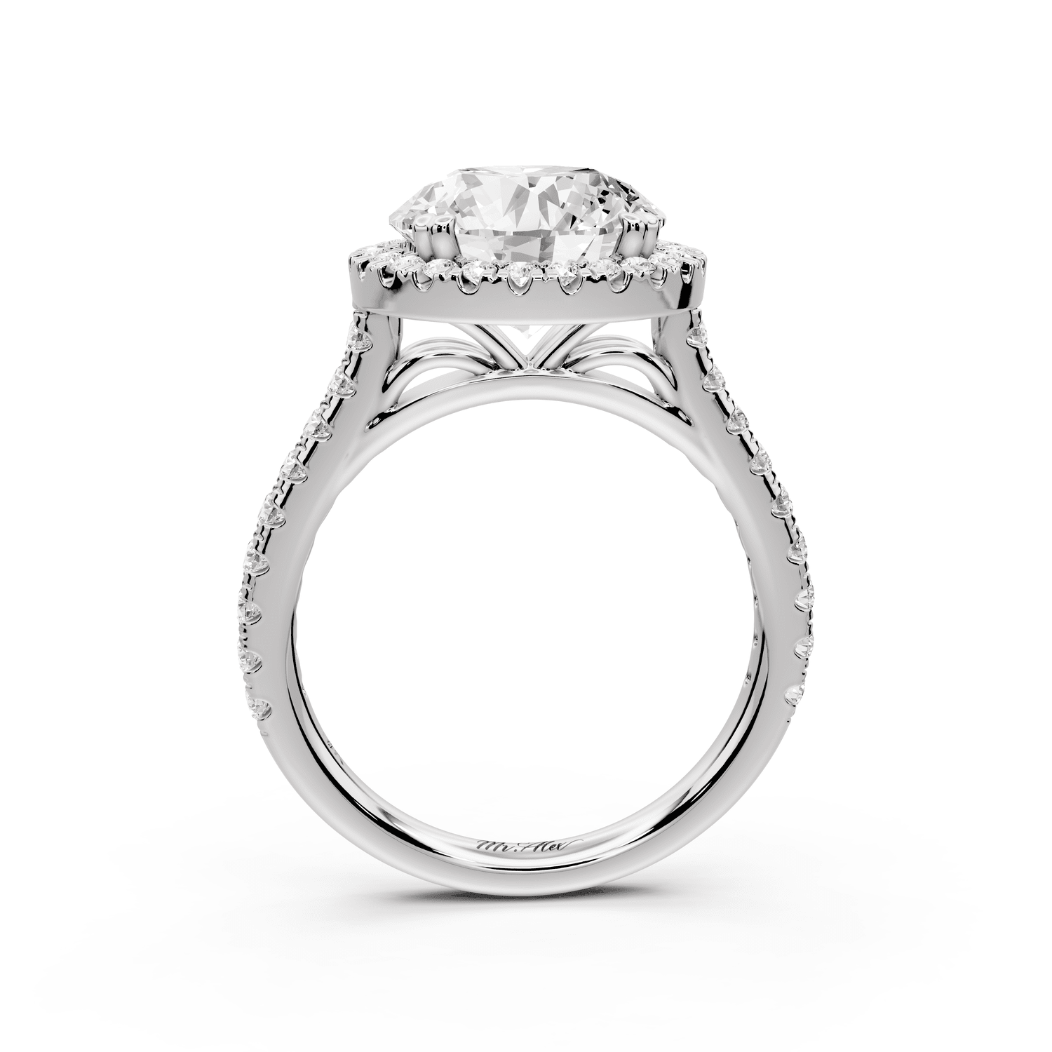 Marcella - 3ct 14k white gold round halo double talon prong cathedral pavé engagement ring - Mr. Alex Jewelry