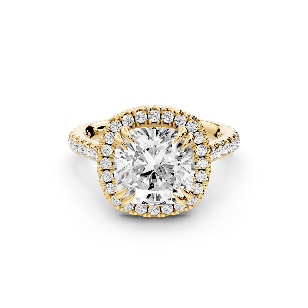 Marcella - 3ct 14k yellow gold cushion halo double talon prong cathedral pavé engagement ring - Mr. Alex Jewelry