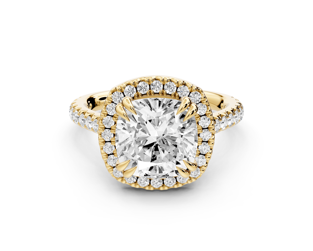 Marcella - 3ct 14k yellow gold cushion halo double talon prong cathedral pavé engagement ring - Mr. Alex Jewelry