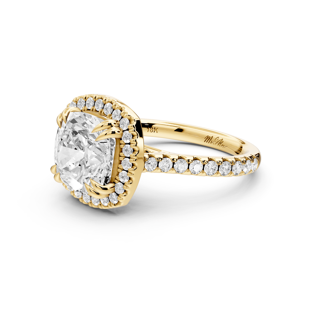 Marcella - 3ct 14k yellow gold cushion halo double talon prong cathedral pavé engagement ring - Mr. Alex Jewelry