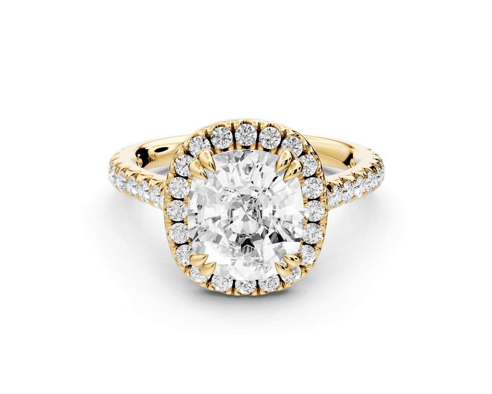 Marcella - 3ct 14k yellow gold ecushion halo double talon prong cathedral pavé engagement ring - Mr. Alex Jewelry