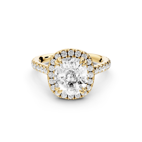 Marcella - 3ct 14k yellow gold ecushion halo double talon prong cathedral pavé engagement ring - Mr. Alex Jewelry