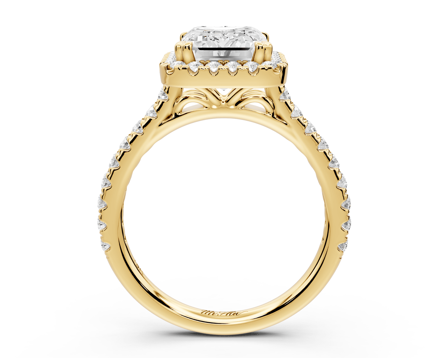 Marcella - 3ct 14k yellow gold emerald halo double talon prong cathedral pavé engagament ring - Mr. Alex Jewelry