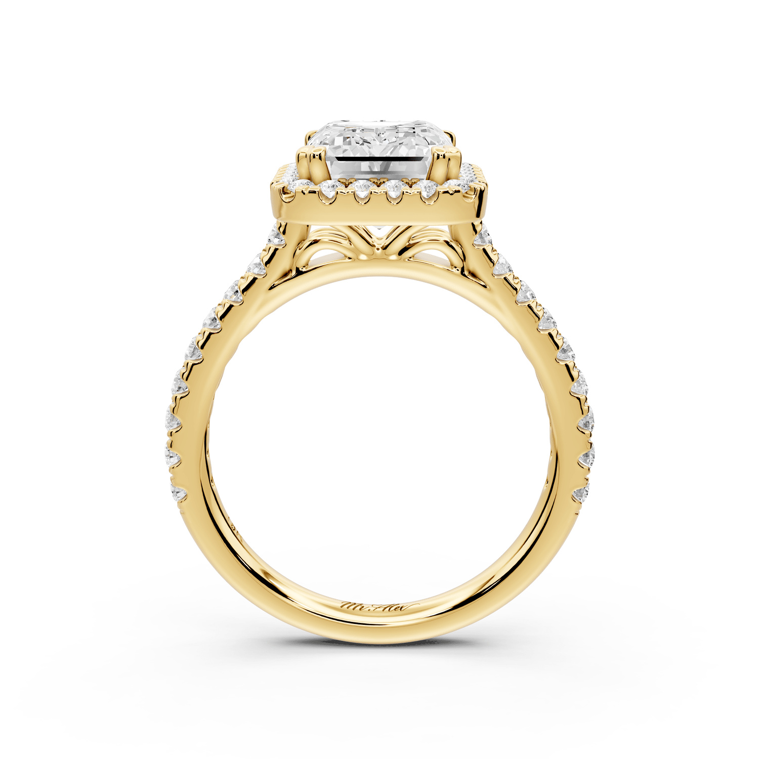 Marcella - 3ct 14k yellow gold emerald halo double talon prong cathedral pavé engagament ring - Mr. Alex Jewelry