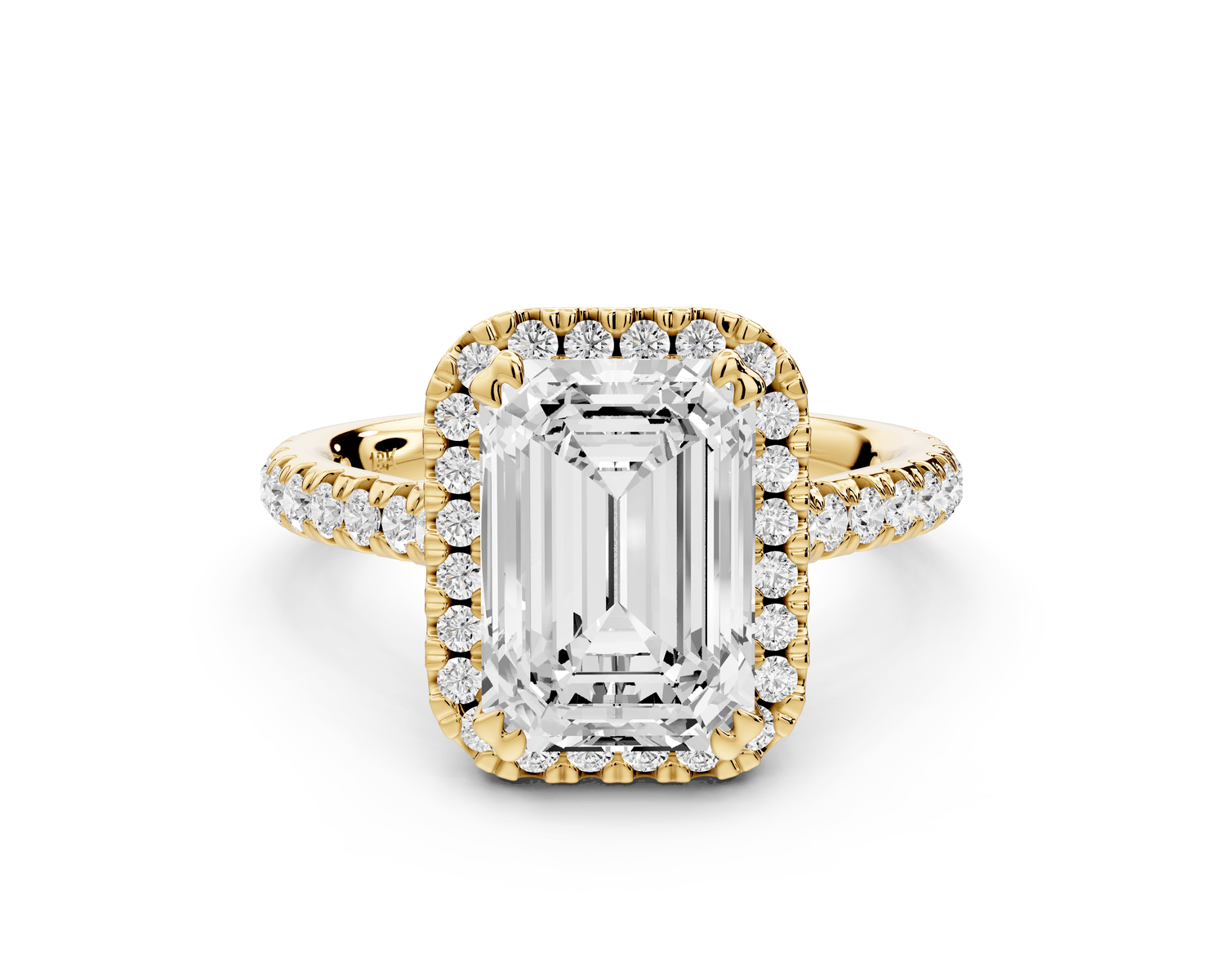 Marcella - 3ct 14k yellow gold emerald halo double talon prong cathedral pavé engagament ring - Mr. Alex Jewelry