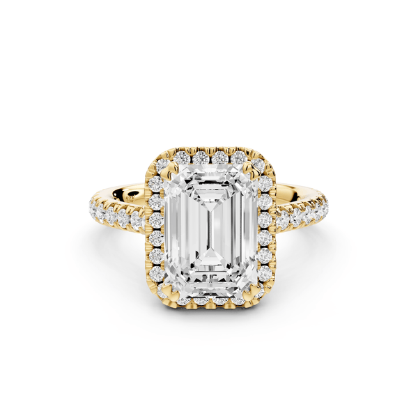 Marcella - 3ct 14k yellow gold emerald halo double talon prong cathedral pavé engagament ring - Mr. Alex Jewelry