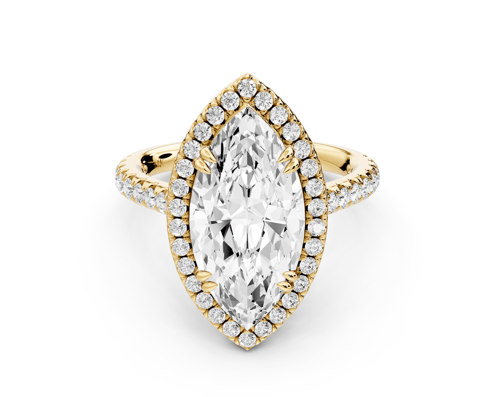 Marcella - 3ct 14k yellow gold marquise halo double talon prong cathedral pavé engagement ring - Mr. Alex Jewelry