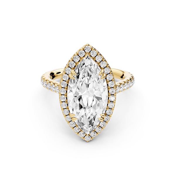 Marcella - 3ct 14k yellow gold marquise halo double talon prong cathedral pavé engagement ring - Mr. Alex Jewelry