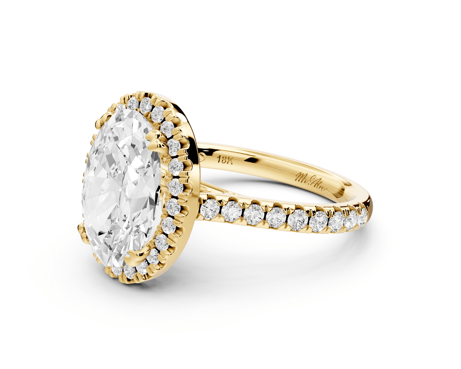 Marcella - 3ct 14k yellow gold oval halo double talon prong cathedral pavé engagament ring - Mr. Alex Jewelry