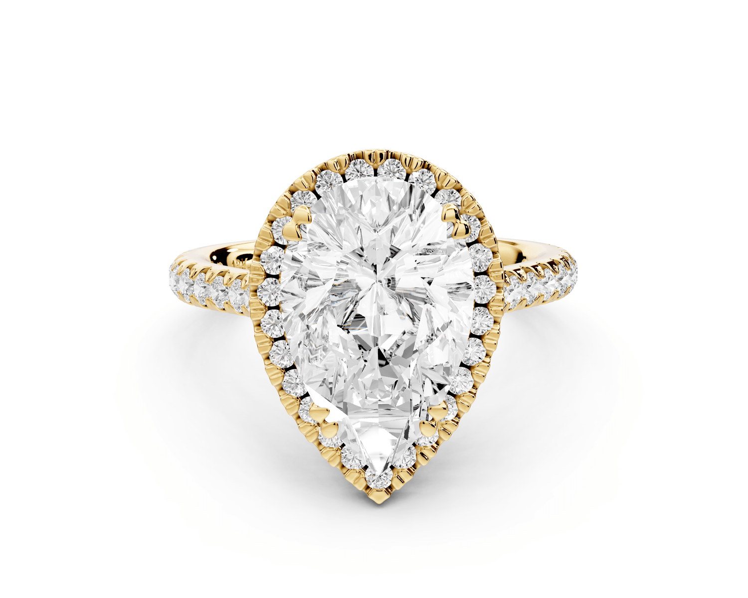 Marcella - 3ct 14k yellow gold pear halo double talon prong cathedral pavé engagament ring - Mr. Alex Jewelry