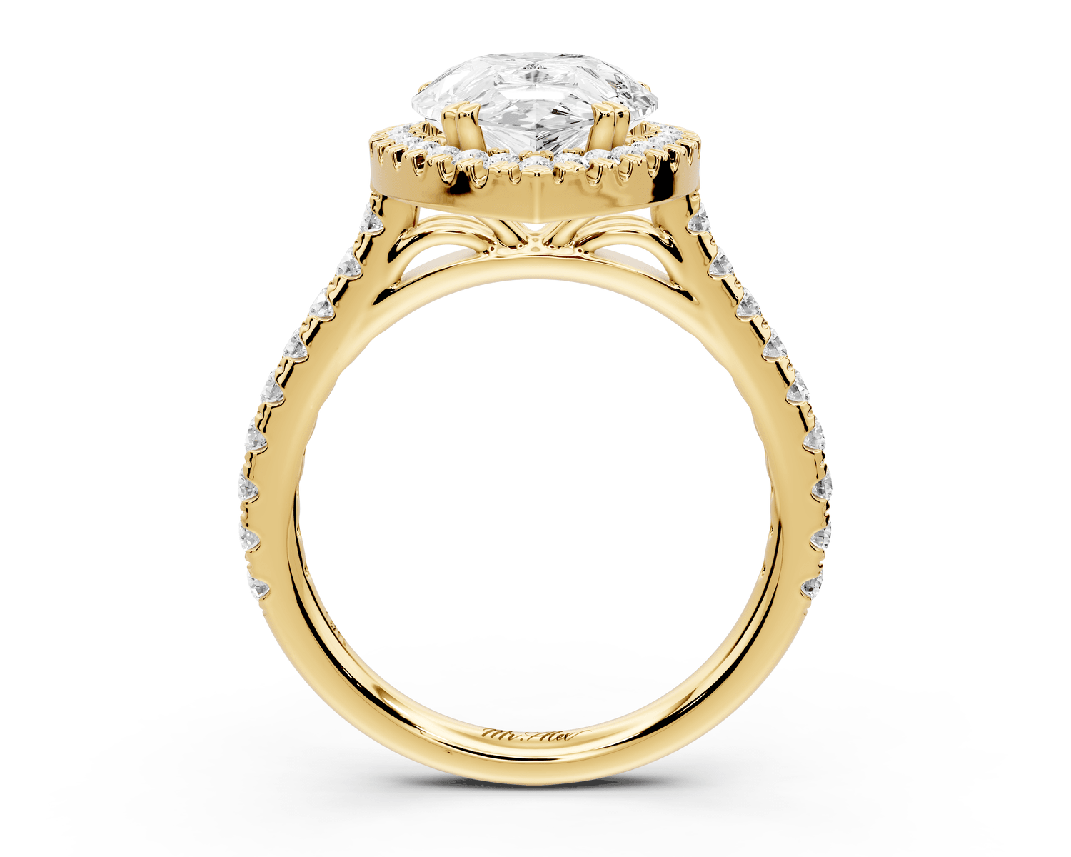 Marcella - 3ct 14k yellow gold pear halo double talon prong cathedral pavé engagament ring - Mr. Alex Jewelry