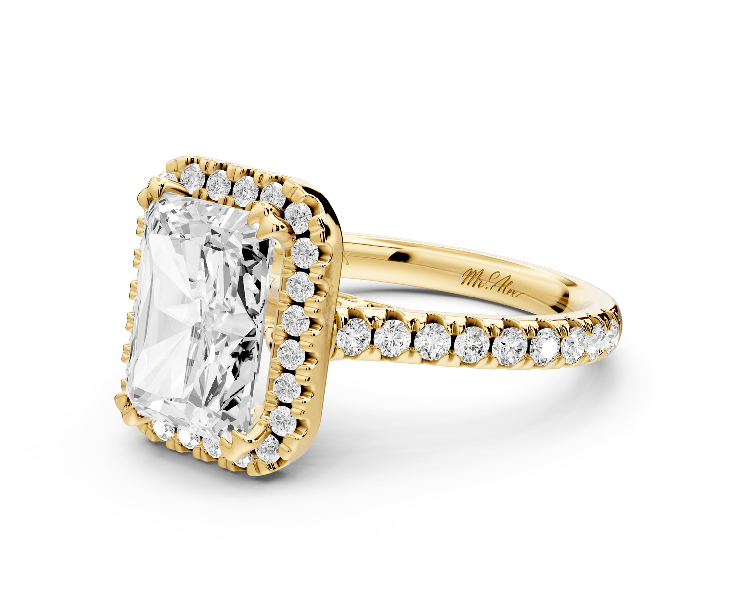 Marcella - 3ct 14k yellow gold radiant halo double talon prong cathedral pavé engagement ring - Mr. Alex Jewelry