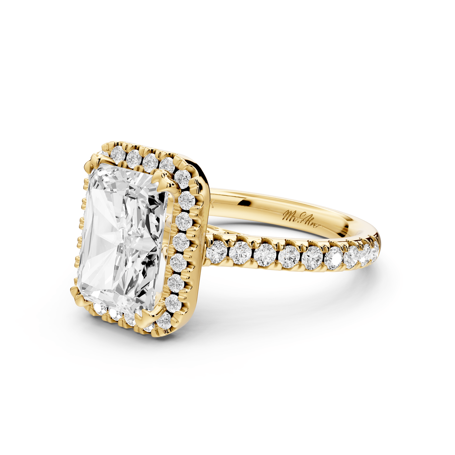Marcella - 3ct 14k yellow gold radiant halo double talon prong cathedral pavé engagement ring - Mr. Alex Jewelry