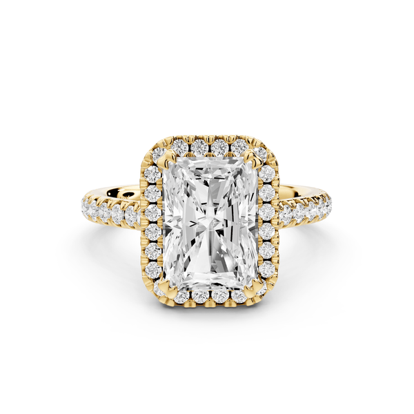 Marcella - 3ct 14k yellow gold radiant halo double talon prong cathedral pavé engagement ring - Mr. Alex Jewelry