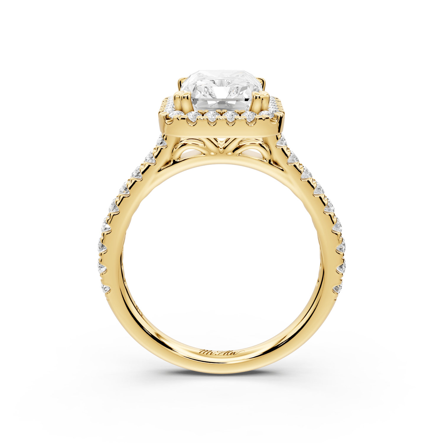 Marcella - 3ct 14k yellow gold radiant halo double talon prong cathedral pavé engagement ring - Mr. Alex Jewelry