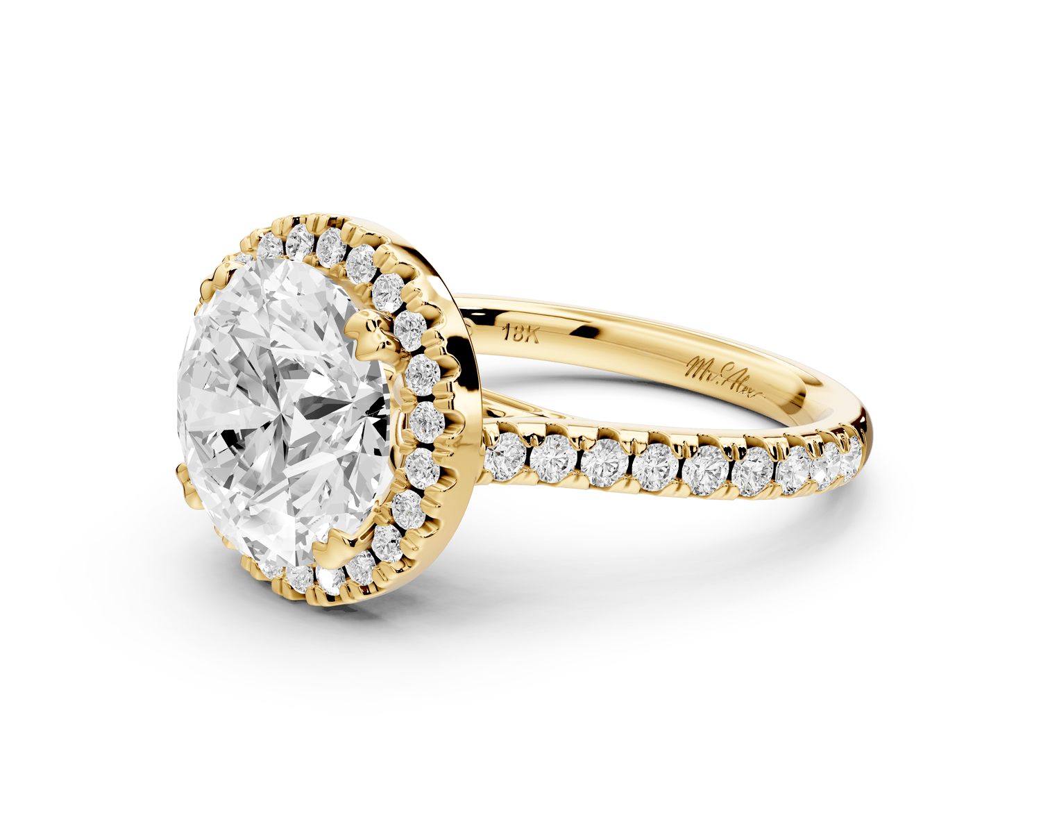 Marcella - 3ct 14k yellow gold round halo double talon prong cathedral pavé engagement ring - Mr. Alex Jewelry