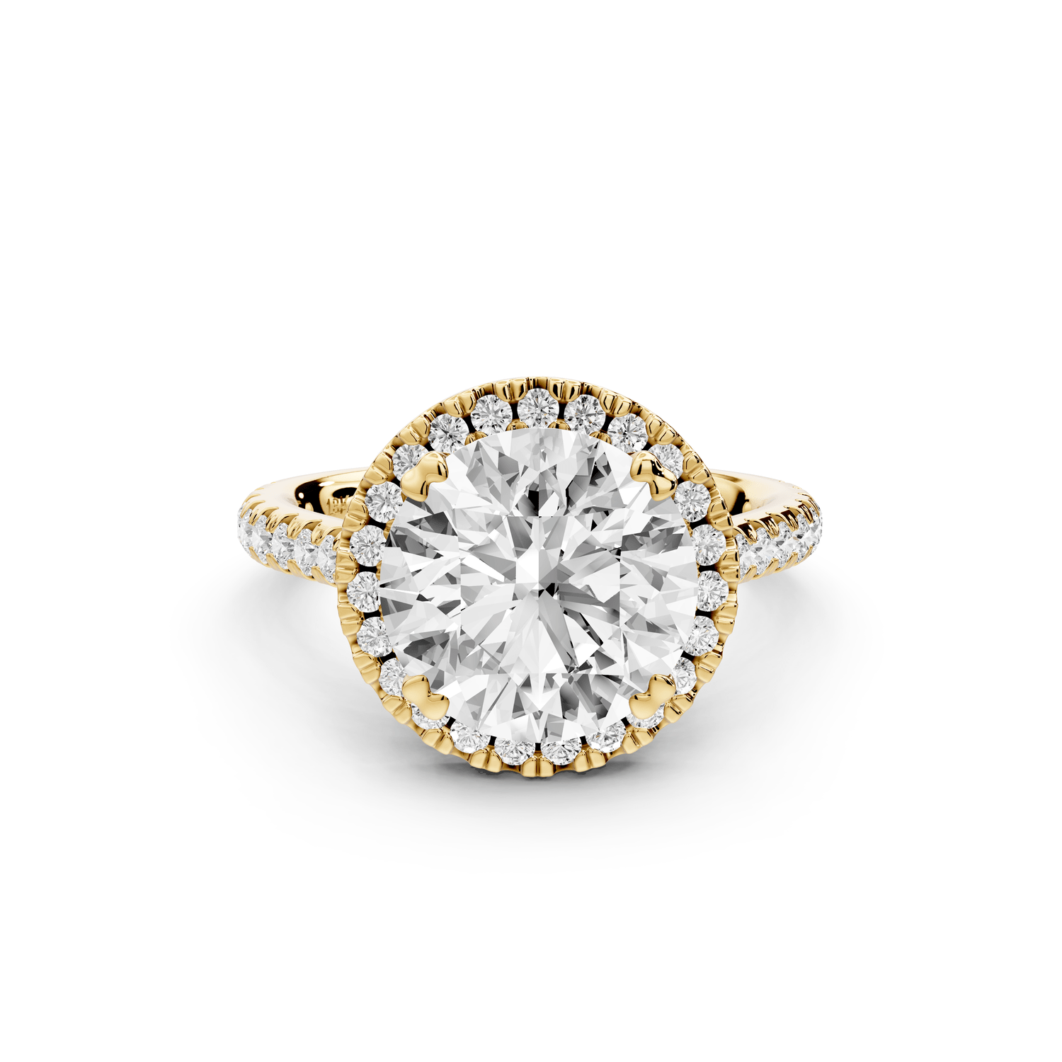 Marcella - 3ct 14k yellow gold round halo double talon prong cathedral pavé engagement ring - Mr. Alex Jewelry