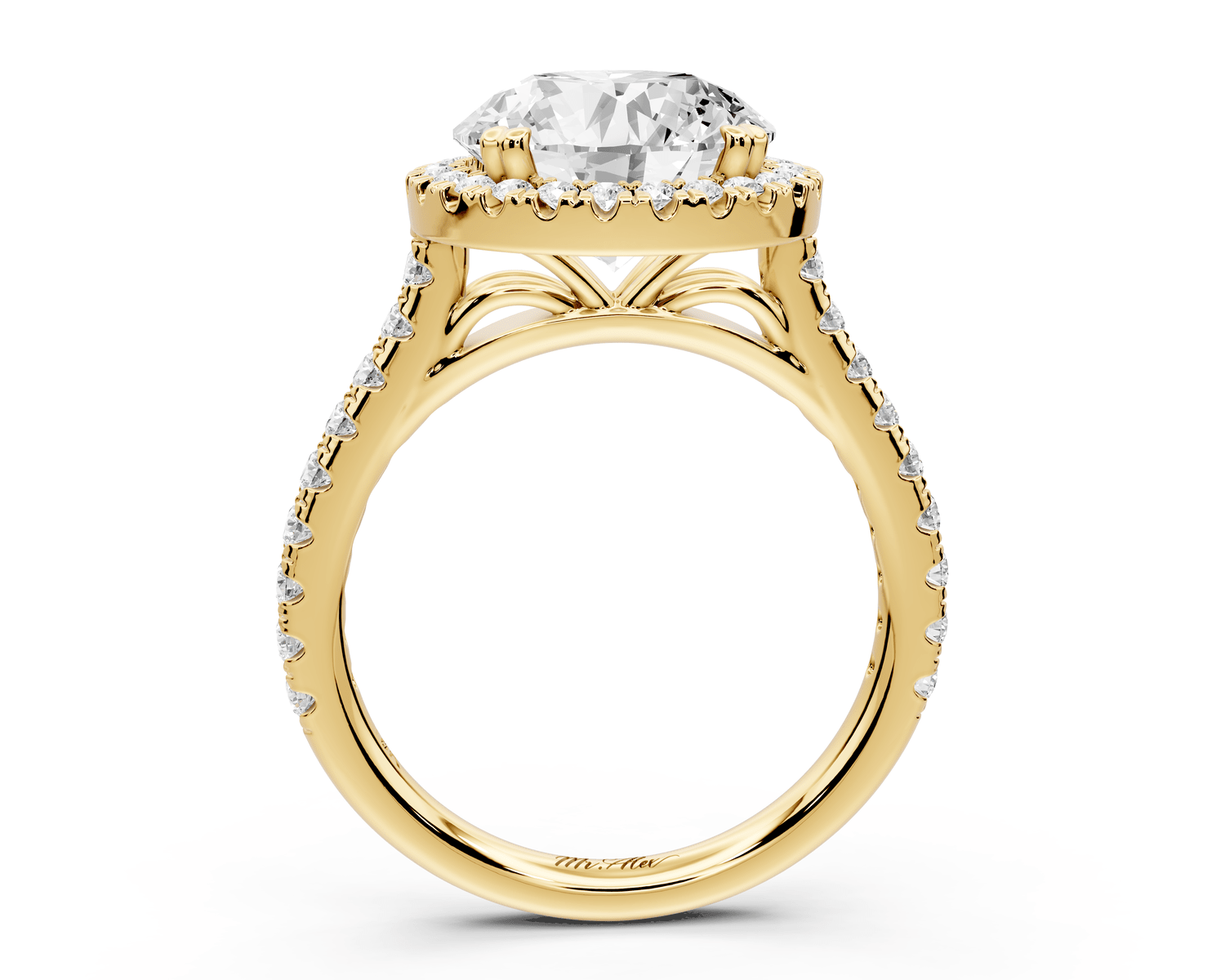 Marcella - 3ct 14k yellow gold round halo double talon prong cathedral pavé engagement ring - Mr. Alex Jewelry