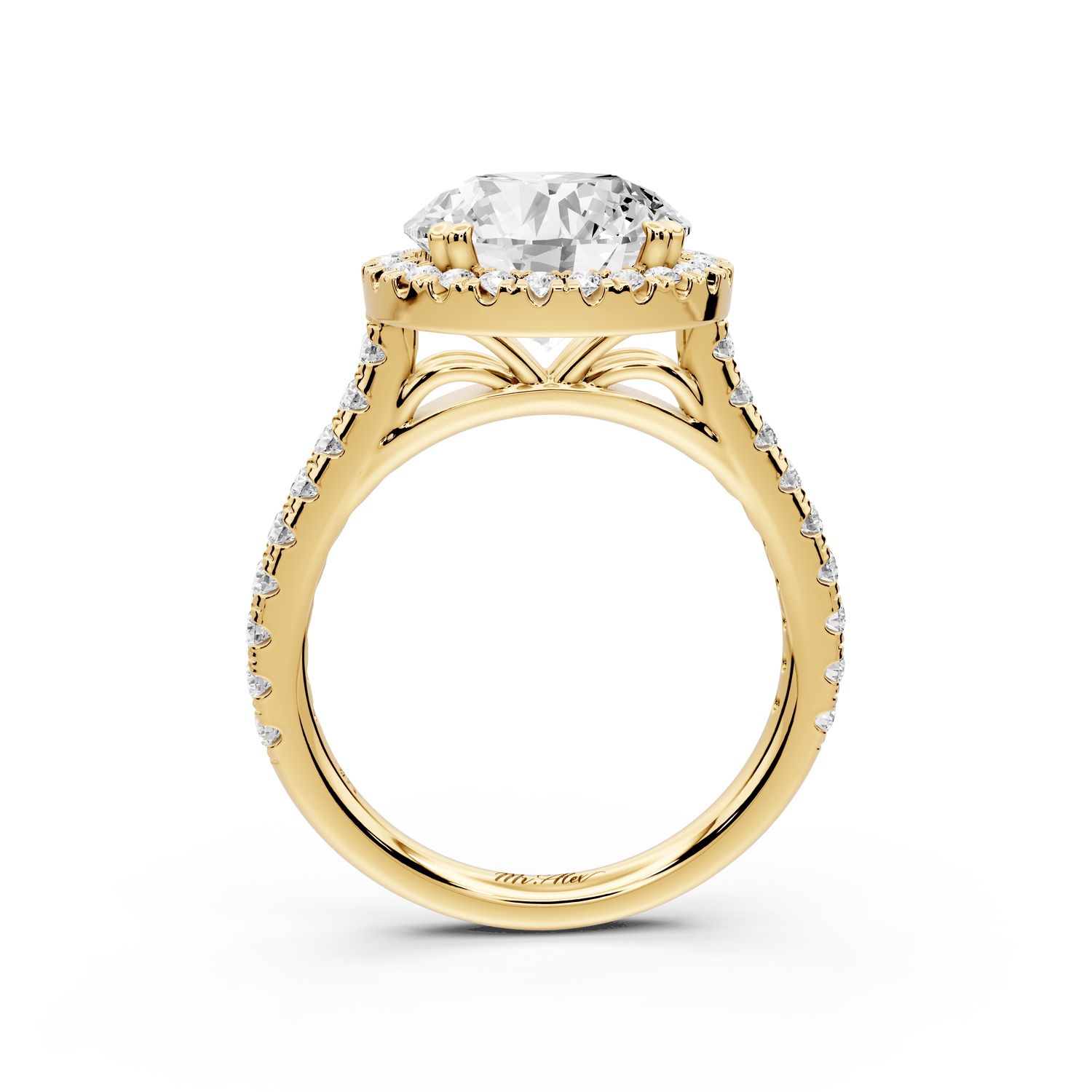 Marcella - 3ct 14k yellow gold round halo double talon prong cathedral pavé engagement ring - Mr. Alex Jewelry