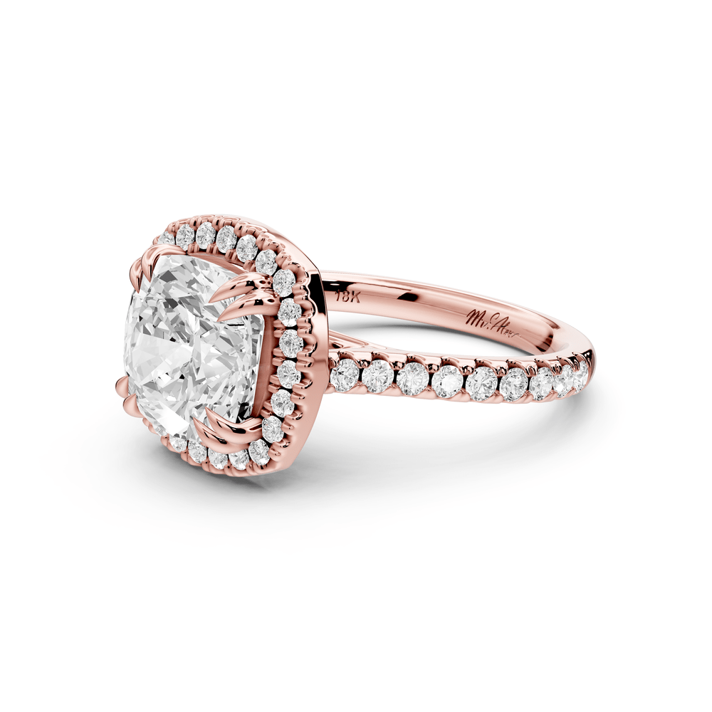 Marcella - 3ct 18k rose gold cushion halo double talon prong cathedral pavé engagement ring - Mr. Alex Jewelry
