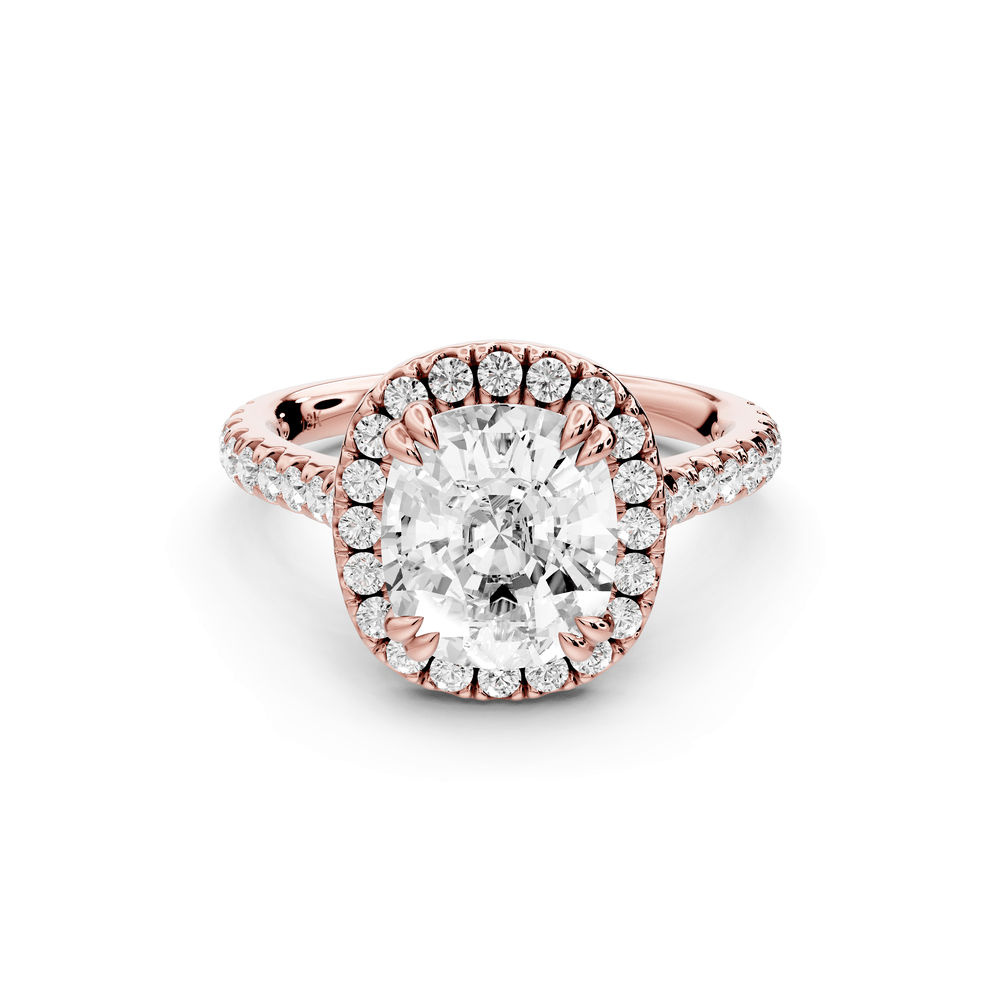 Marcella - 3ct 18k rose gold ecushion halo double talon prong cathedral pavé engagement ring - Mr. Alex Jewelry