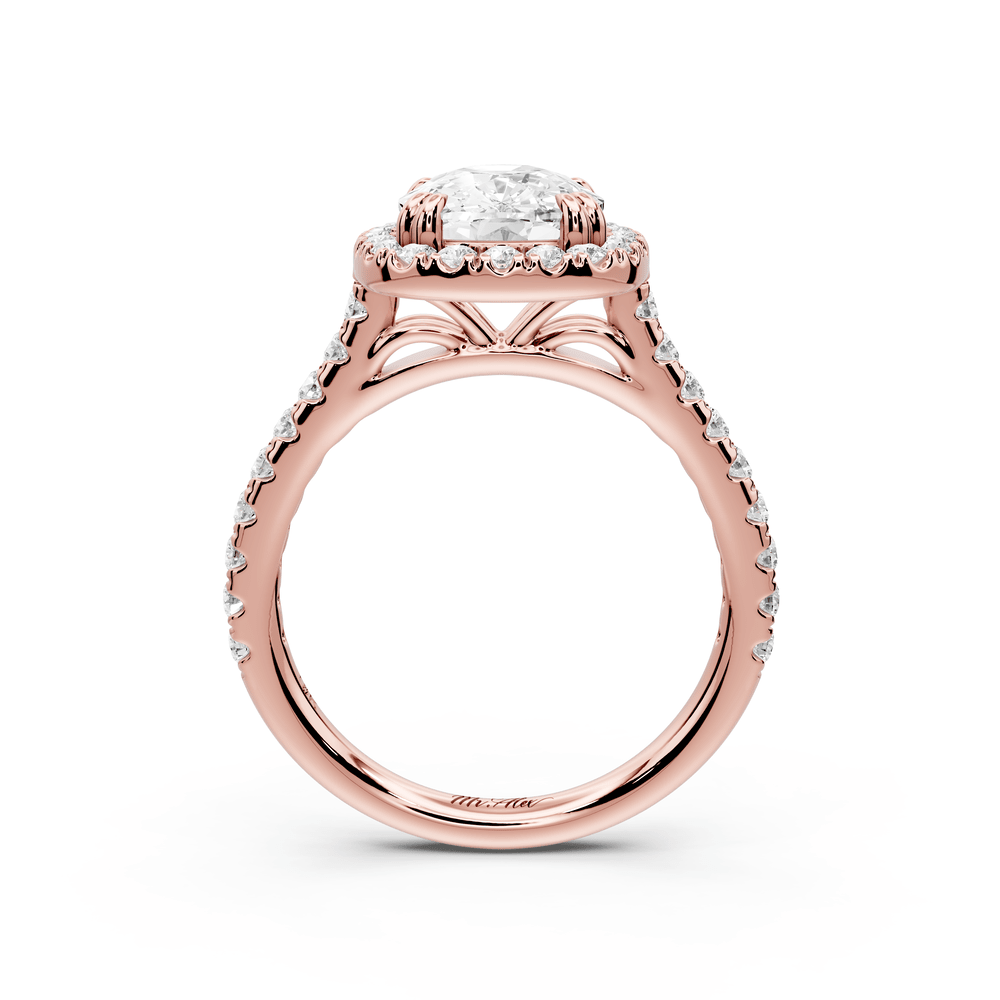 Marcella - 3ct 18k rose gold ecushion halo double talon prong cathedral pavé engagement ring - Mr. Alex Jewelry