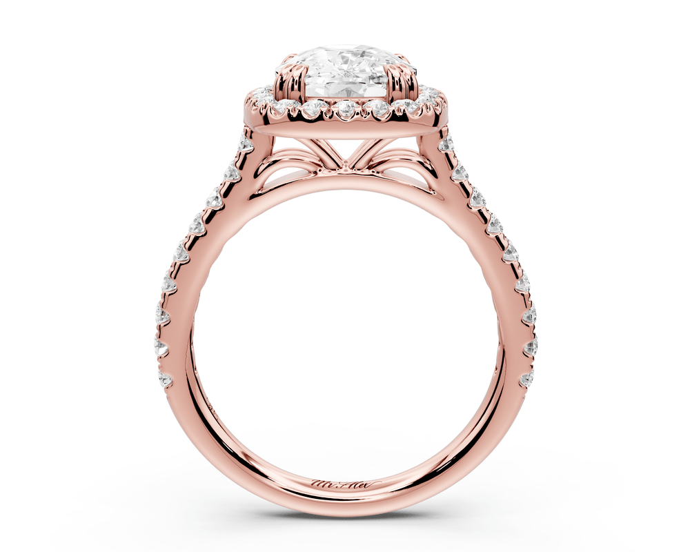 Marcella - 3ct 18k rose gold ecushion halo double talon prong cathedral pavé engagement ring - Mr. Alex Jewelry