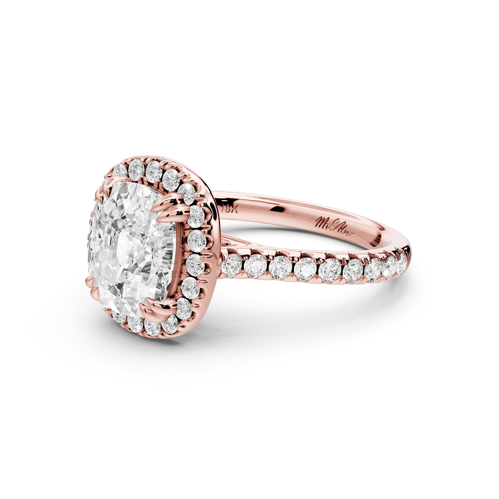 Marcella - 3ct 18k rose gold ecushion halo double talon prong cathedral pavé engagement ring - Mr. Alex Jewelry