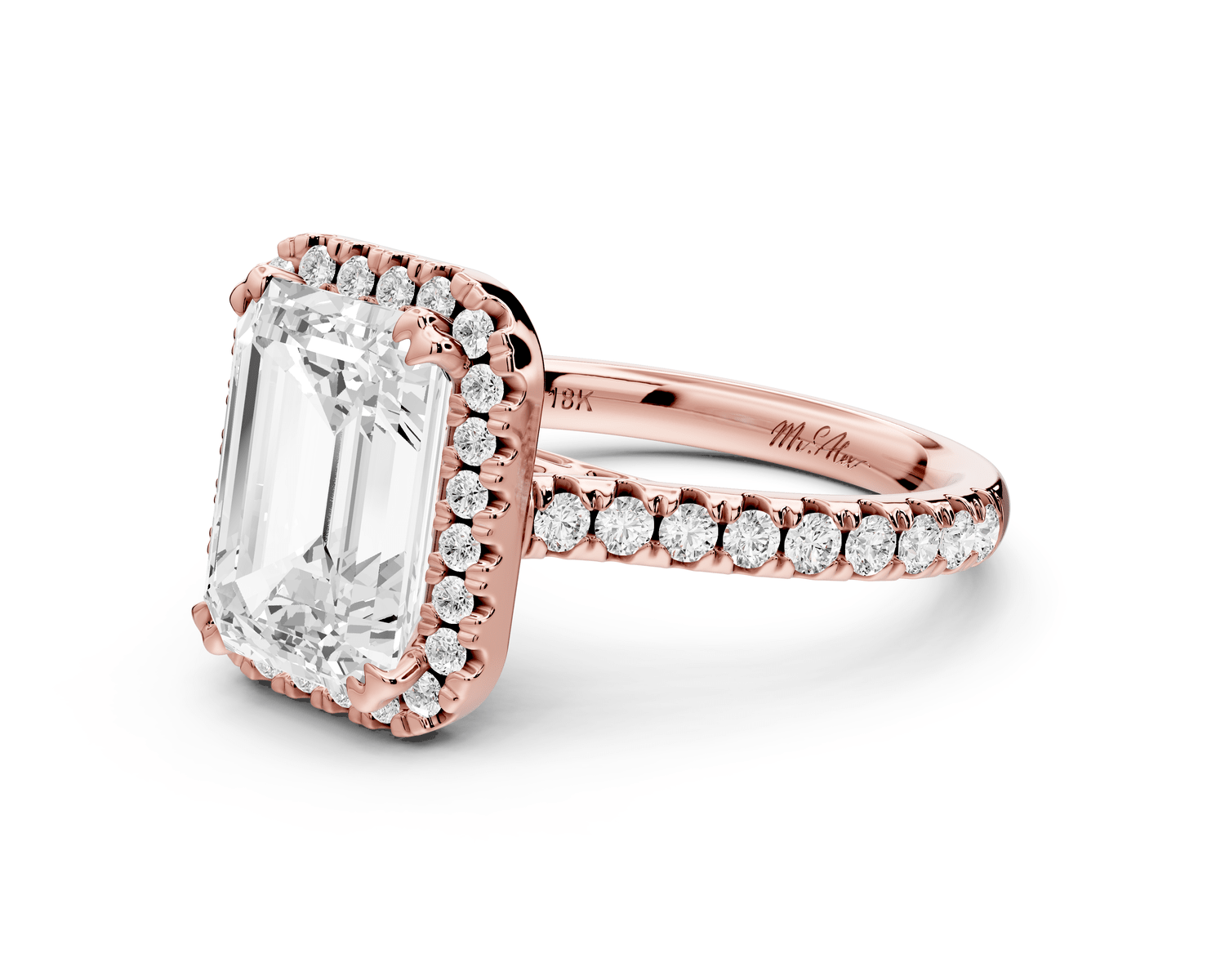 Marcella - 3ct 18k rose gold emerald halo double talon prong cathedral pavé engagament ring - Mr. Alex Jewelry