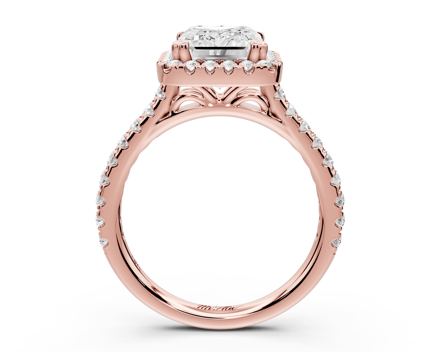 Marcella - 3ct 18k rose gold emerald halo double talon prong cathedral pavé engagament ring - Mr. Alex Jewelry