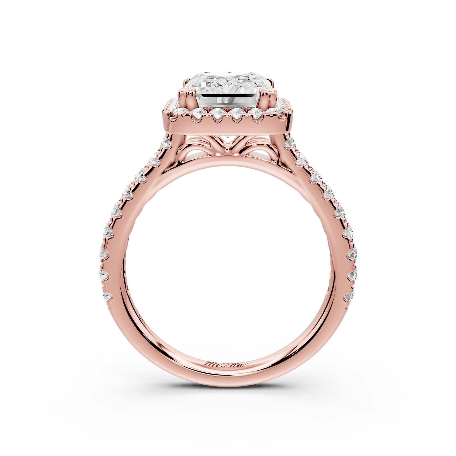 Marcella - 3ct 18k rose gold emerald halo double talon prong cathedral pavé engagament ring - Mr. Alex Jewelry