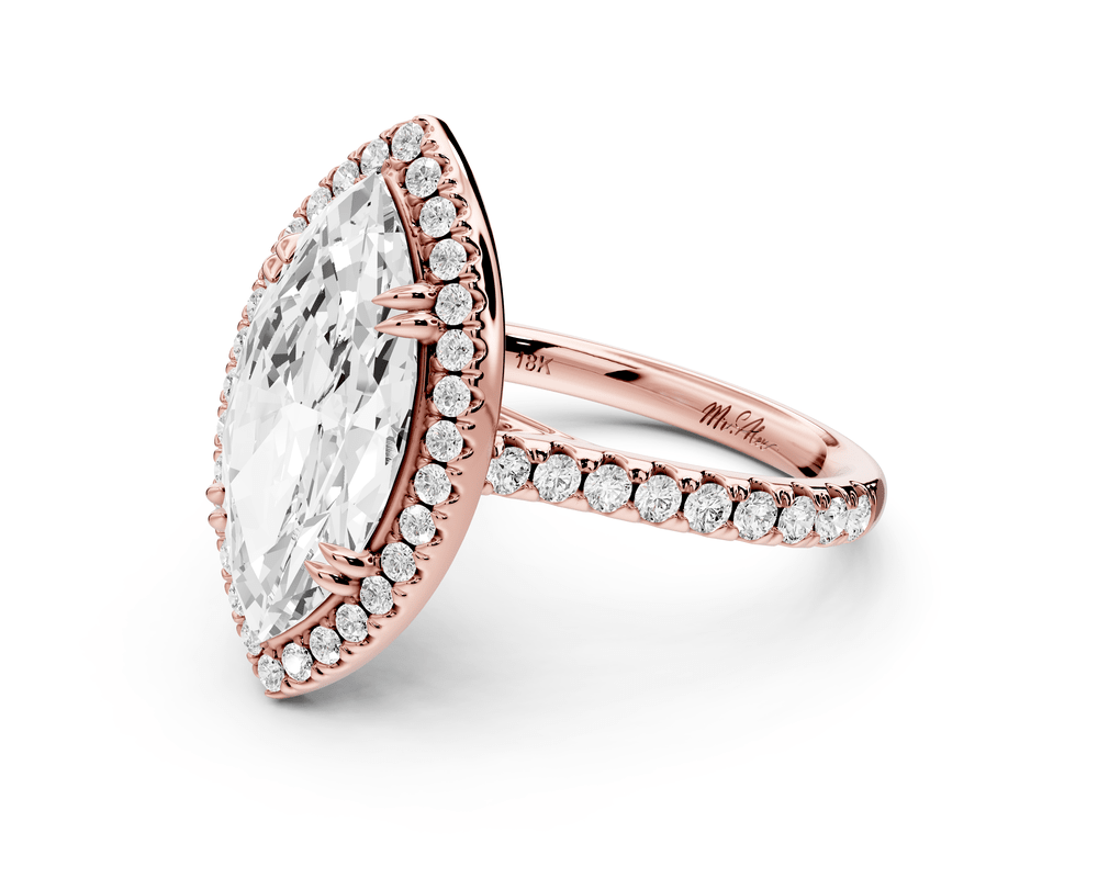 Marcella - 3ct 18k rose gold marquise halo double talon prong cathedral pavé engagement ring - Mr. Alex Jewelry