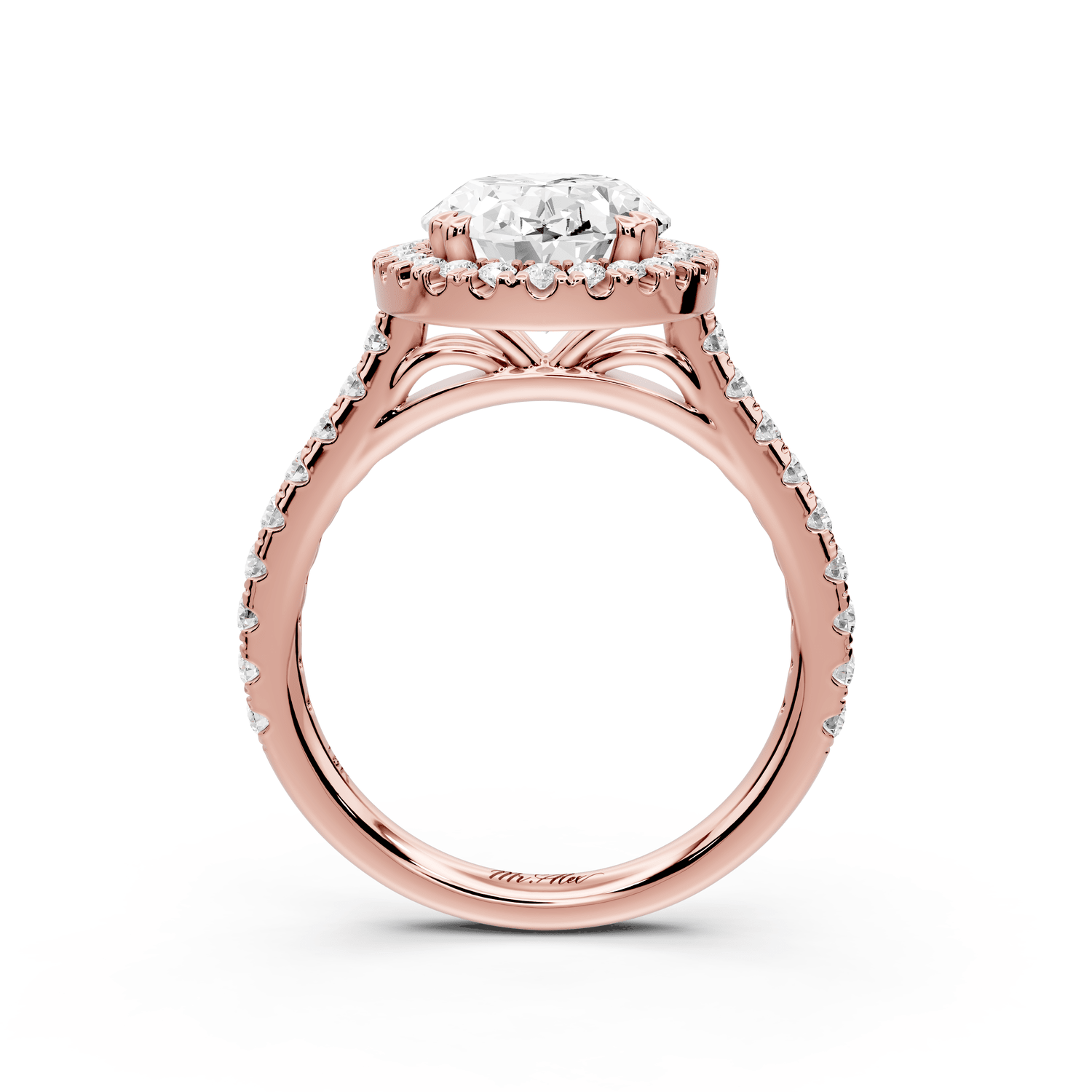 Marcella - 3ct 18k rose gold oval halo double talon prong cathedral pavé engagament ring - Mr. Alex Jewelry