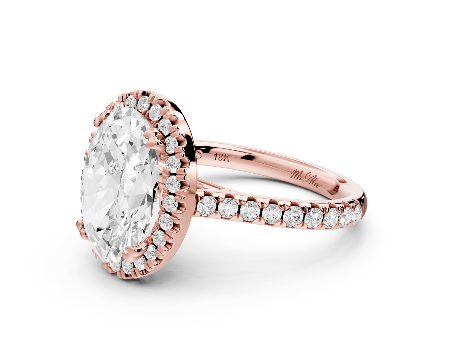 Marcella - 3ct 18k rose gold oval halo double talon prong cathedral pavé engagament ring - Mr. Alex Jewelry