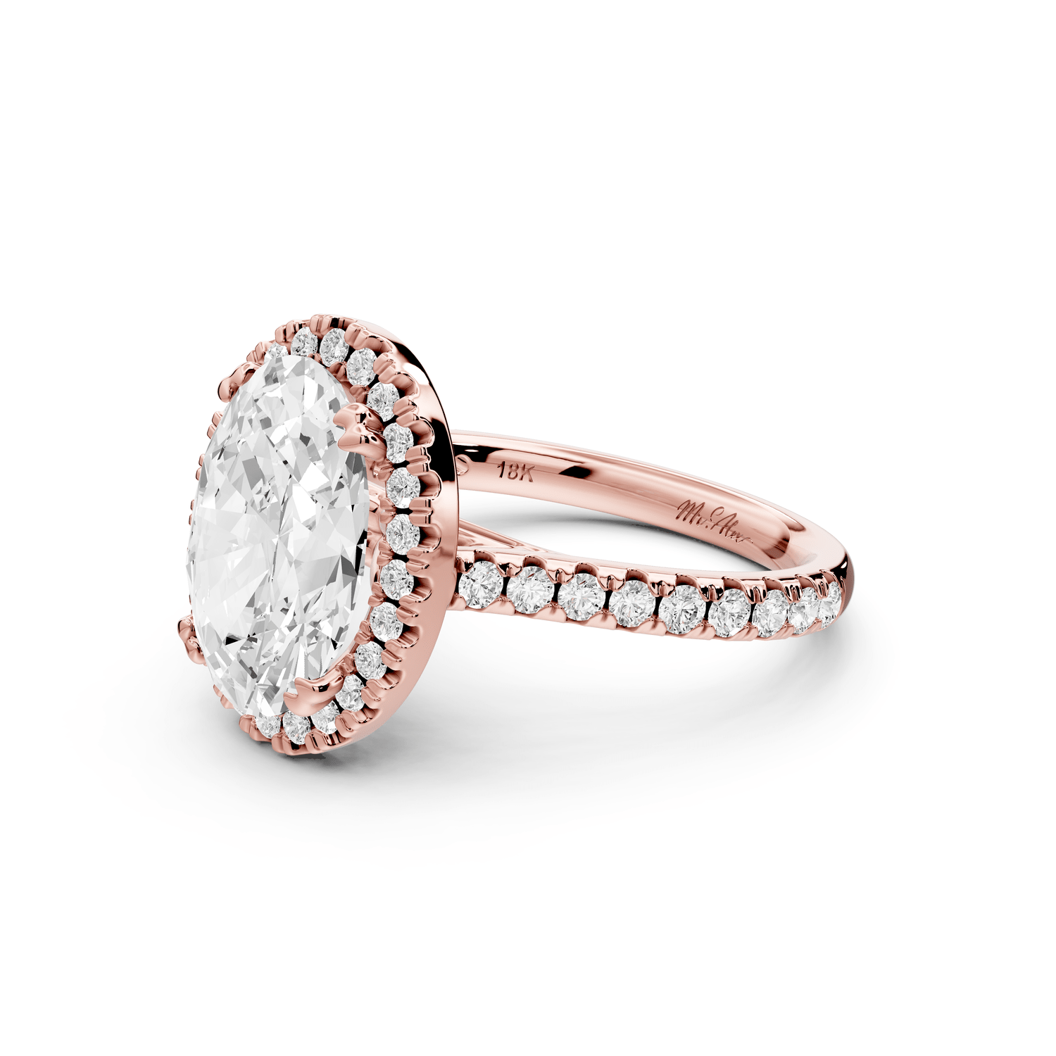 Marcella - 3ct 18k rose gold oval halo double talon prong cathedral pavé engagament ring - Mr. Alex Jewelry
