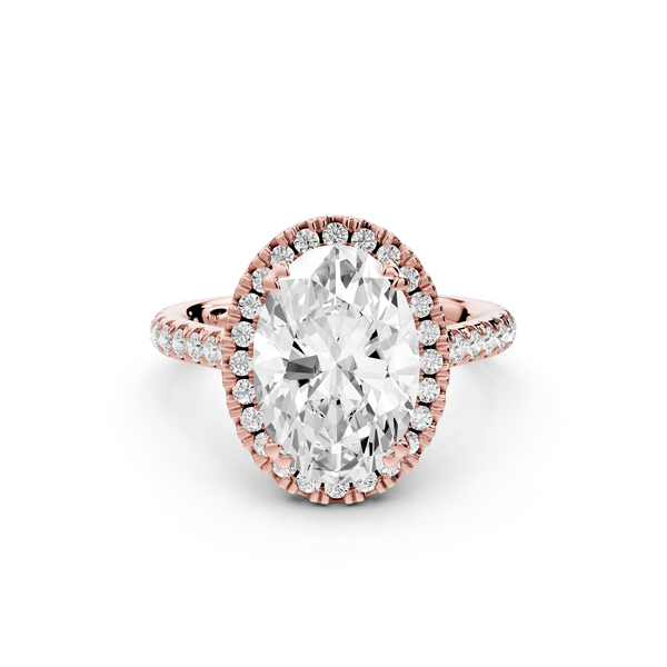 Marcella - 3ct 18k rose gold oval halo double talon prong cathedral pavé engagament ring - Mr. Alex Jewelry