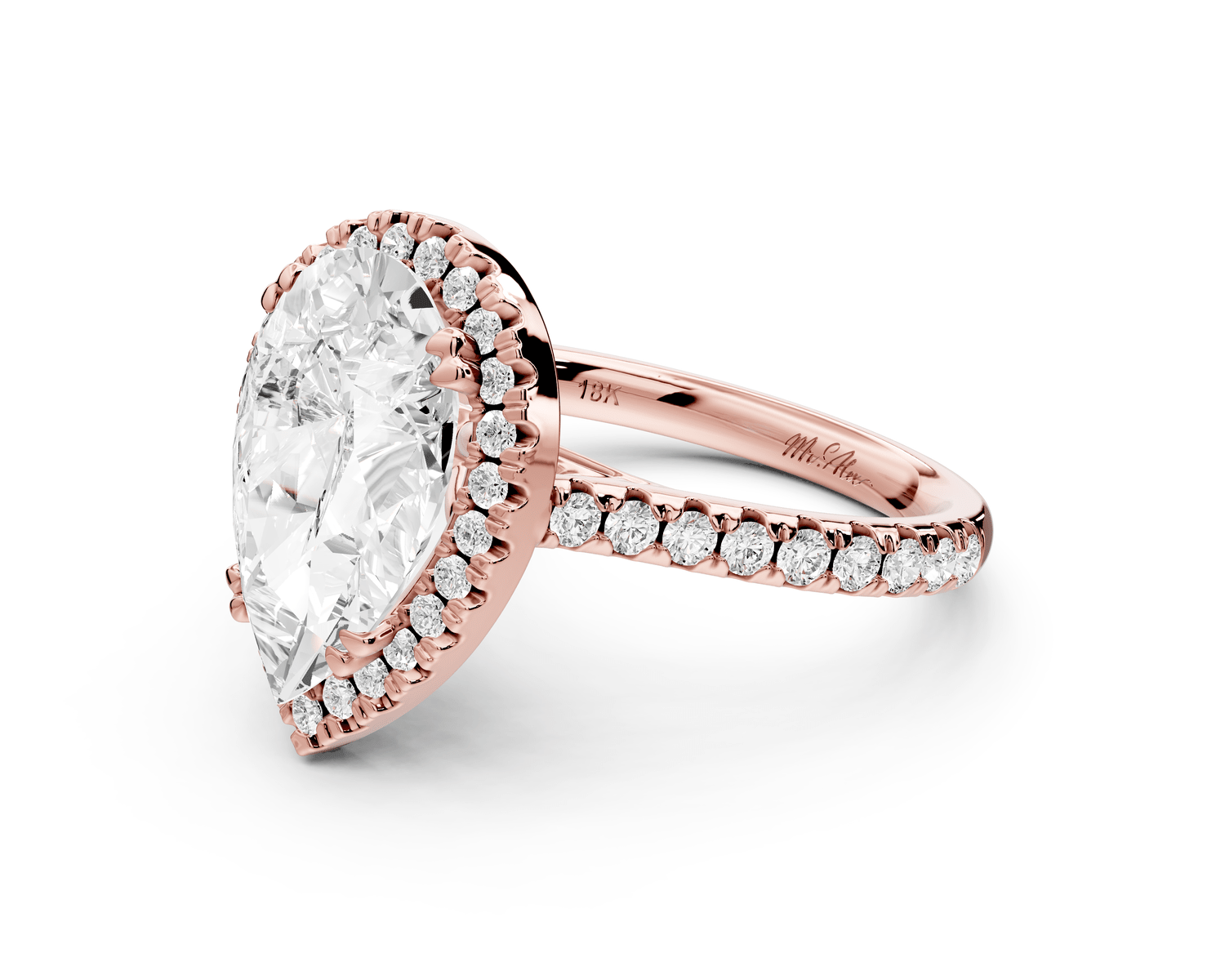 Marcella - 3ct 18k rose gold pear halo double talon prong cathedral pavé engagament ring - Mr. Alex Jewelry