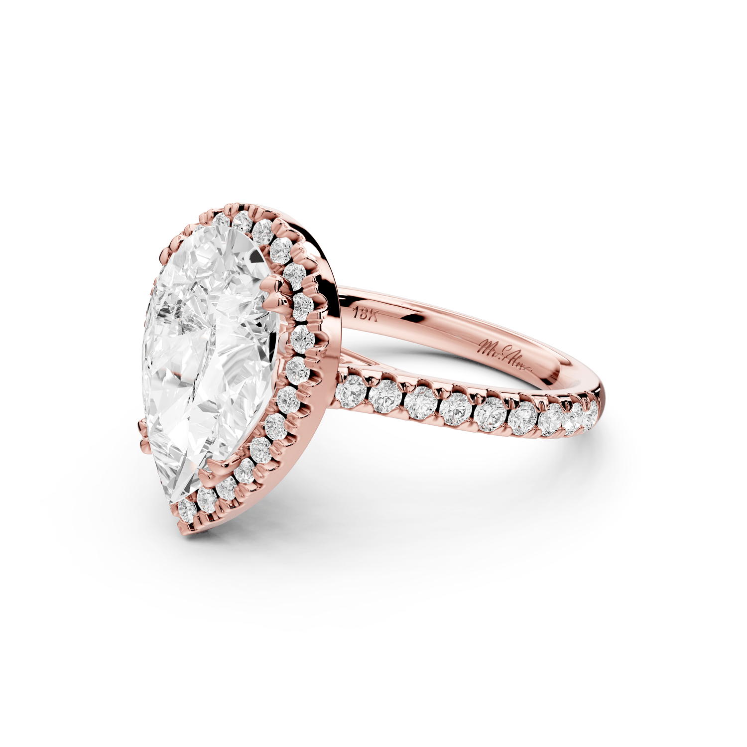 Marcella - 3ct 18k rose gold pear halo double talon prong cathedral pavé engagament ring - Mr. Alex Jewelry