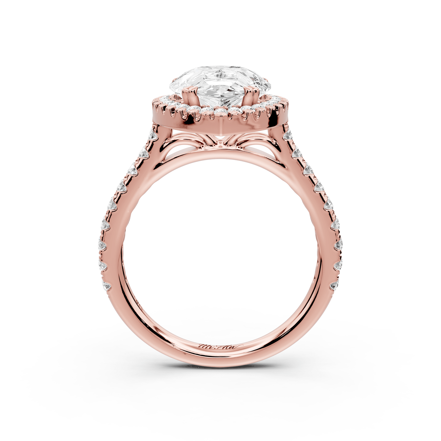 Marcella - 3ct 18k rose gold pear halo double talon prong cathedral pavé engagament ring - Mr. Alex Jewelry