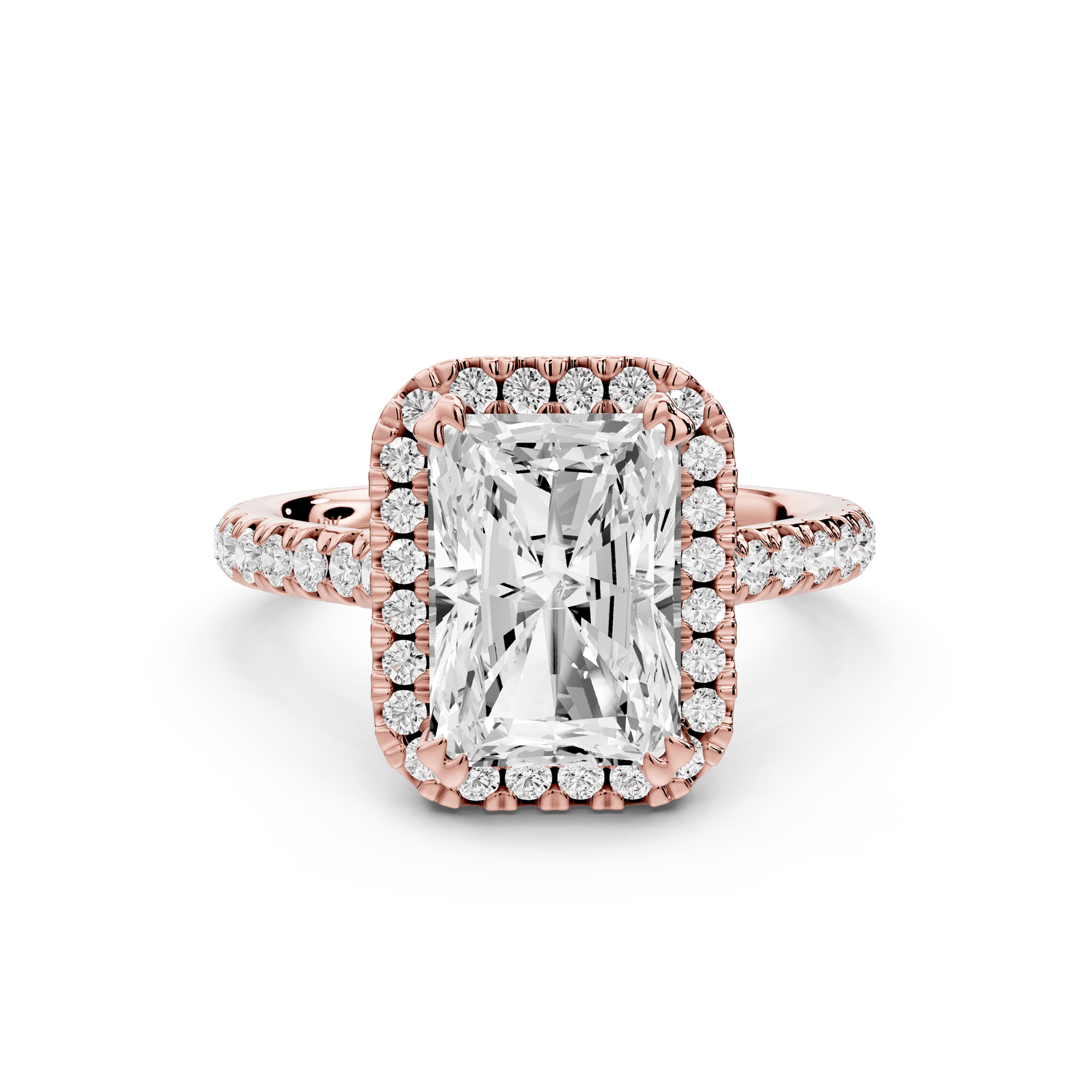Marcella - 3ct 18k rose gold radiant halo double talon prong cathedral pavé engagement ring - Mr. Alex Jewelry