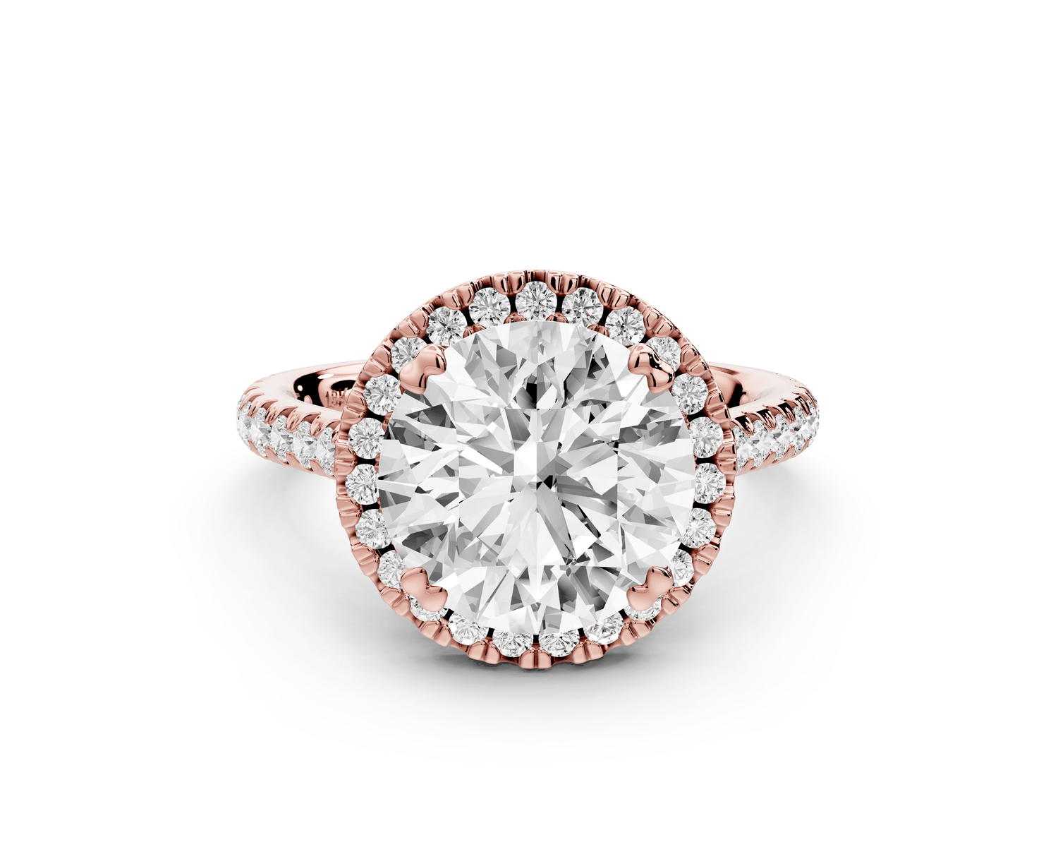 Marcella - 3ct 18k rose gold round halo double talon prong cathedral pavé engagement ring - Mr. Alex Jewelry