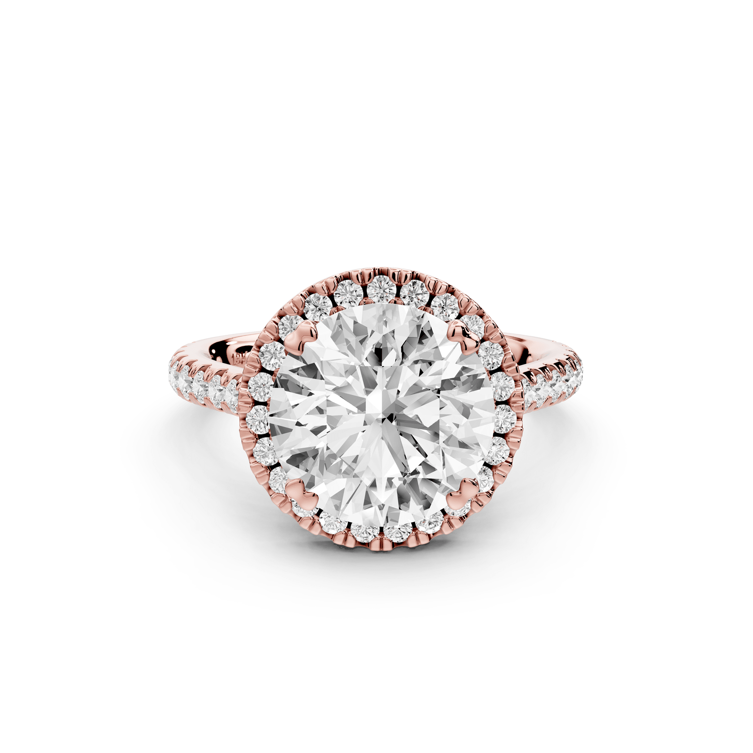 Marcella - 3ct 18k rose gold round halo double talon prong cathedral pavé engagement ring - Mr. Alex Jewelry