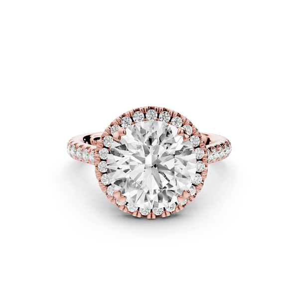 Marcella - 3ct 18k rose gold round halo double talon prong cathedral pavé engagement ring - Mr. Alex Jewelry