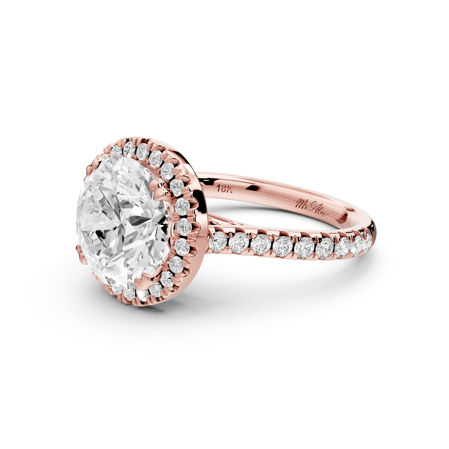 Marcella - 3ct 18k rose gold round halo double talon prong cathedral pavé engagement ring - Mr. Alex Jewelry