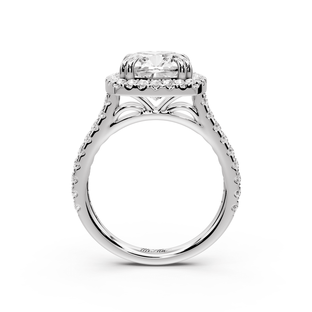 Marcella - 3ct 18k white gold cushion halo double talon prong cathedral pavé engagement ring - Mr. Alex Jewelry