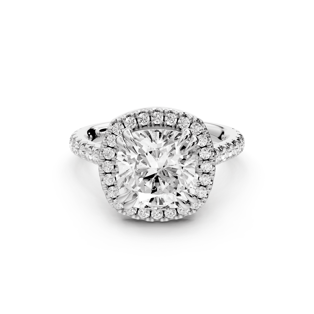 Marcella - 3ct 18k white gold cushion halo double talon prong cathedral pavé engagement ring - Mr. Alex Jewelry