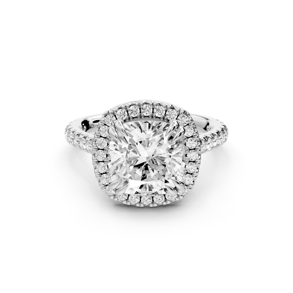 Marcella - 3ct 18k white gold cushion halo double talon prong cathedral pavé engagement ring - Mr. Alex Jewelry