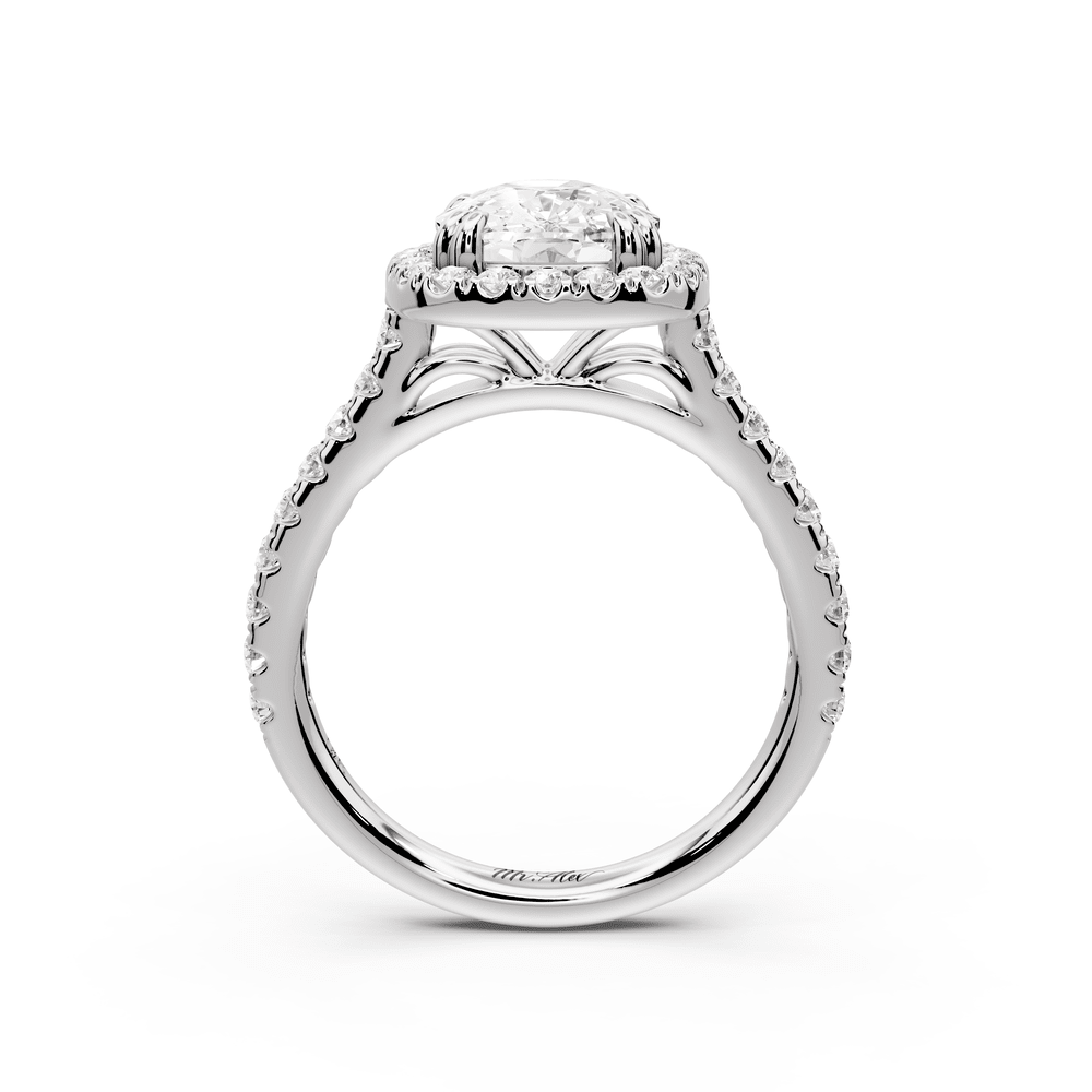 Marcella - 3ct 18k white gold ecushion halo double talon prong cathedral pavé engagement ring - Mr. Alex Jewelry
