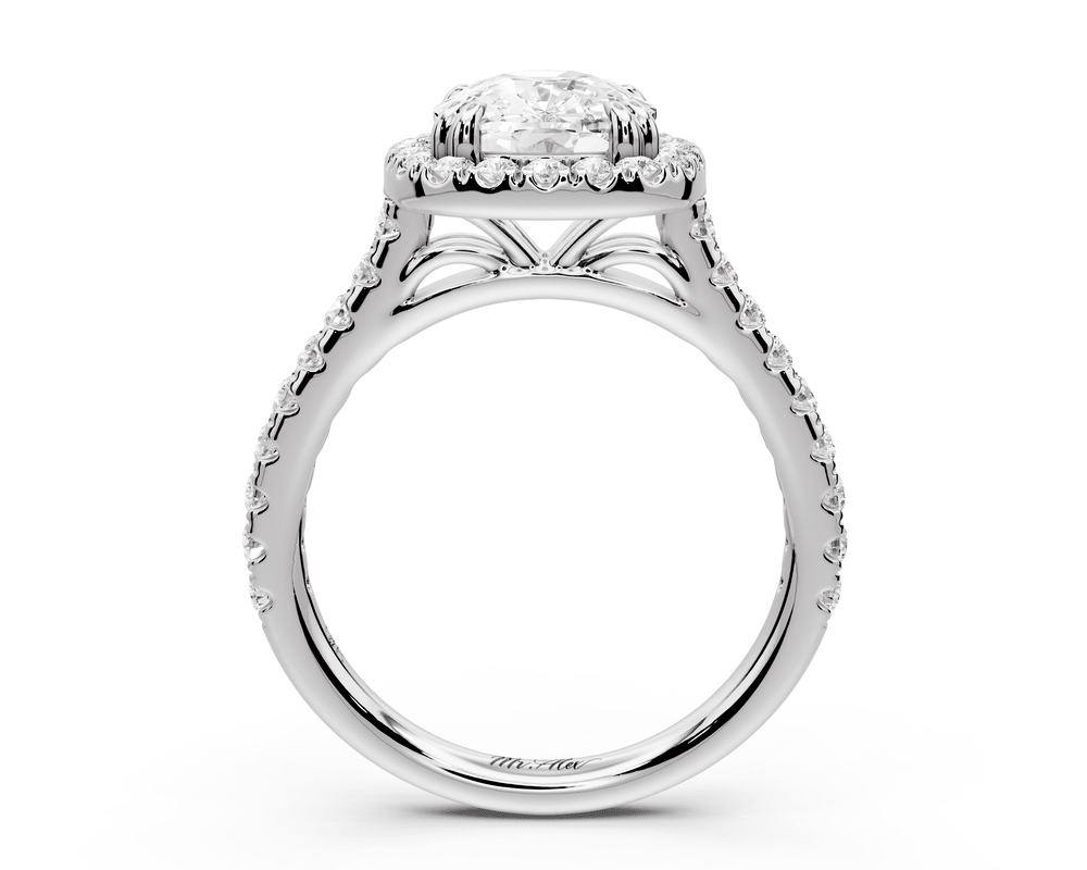Marcella - 3ct 18k white gold ecushion halo double talon prong cathedral pavé engagement ring - Mr. Alex Jewelry